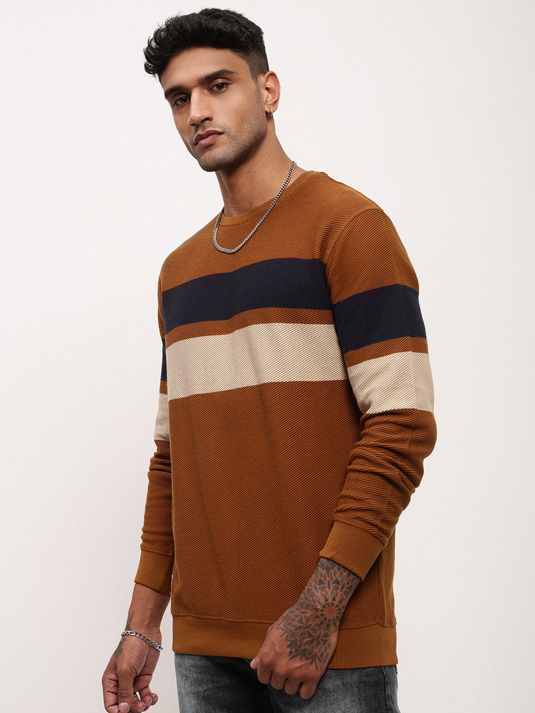 Men Brown Colourblocked Sweater