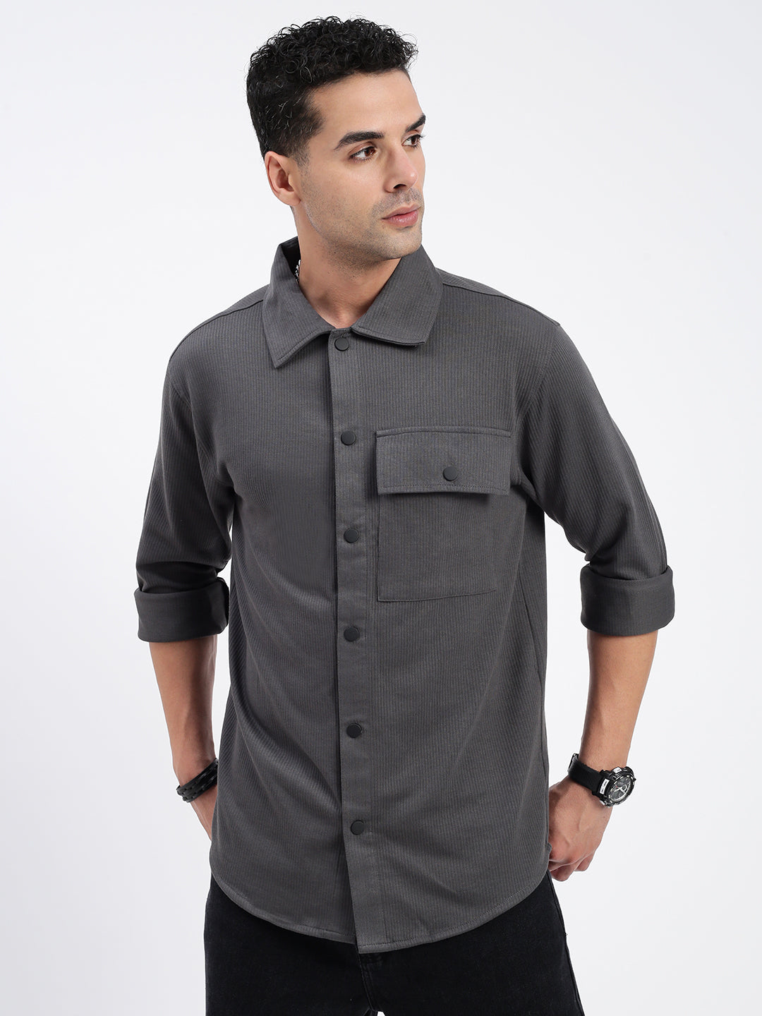 Men Solid Grey Slim Fit Shirt