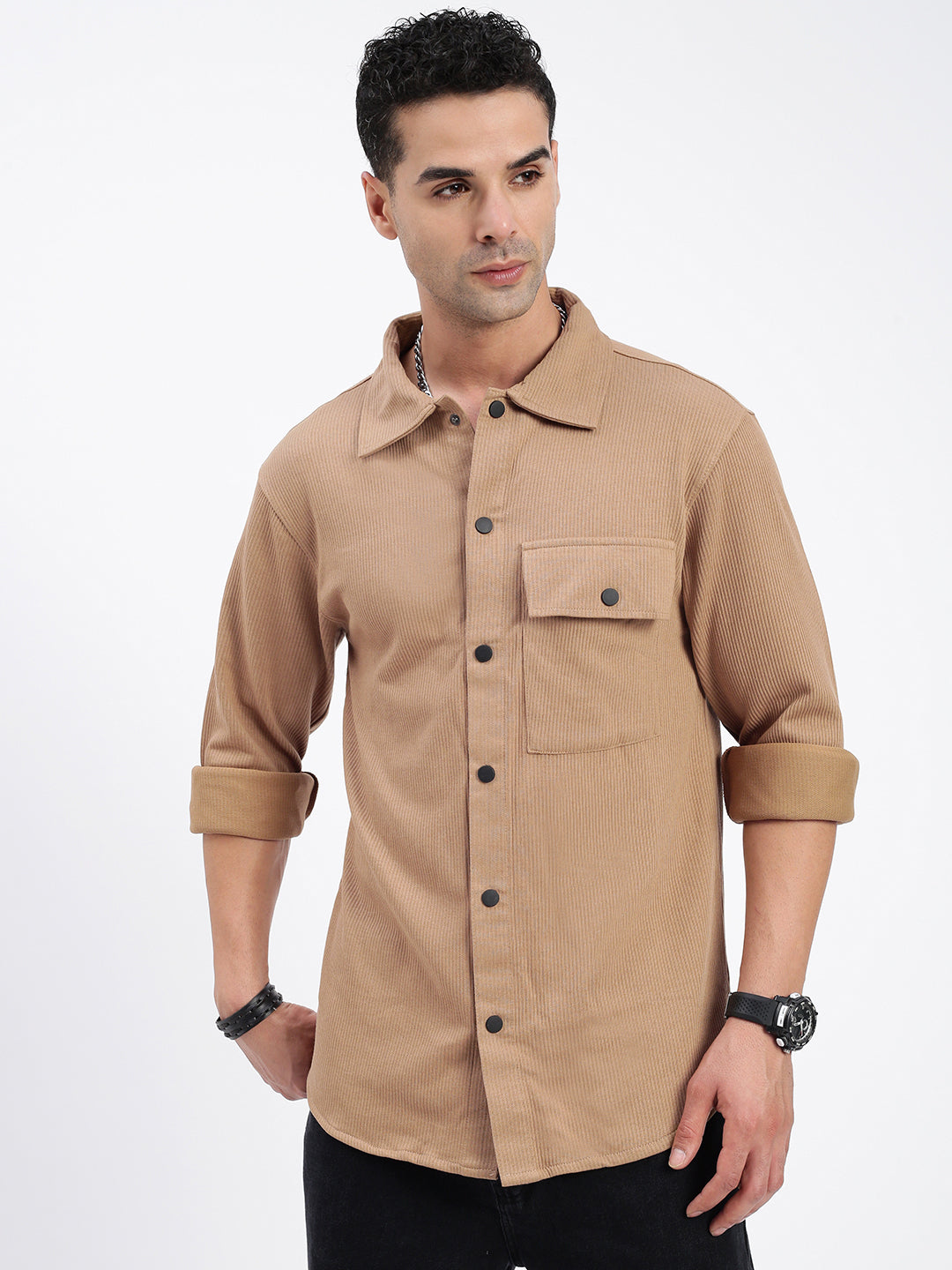 Men Solid Brown Slim Fit Shirt