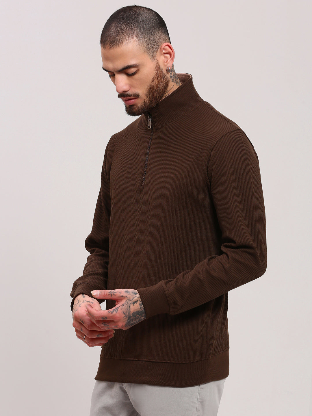 Men Brown Solid Sweater