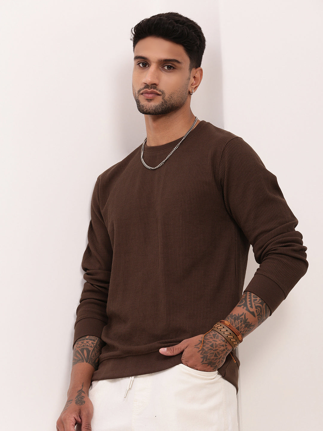 Men Brown Solid Sweatshirt