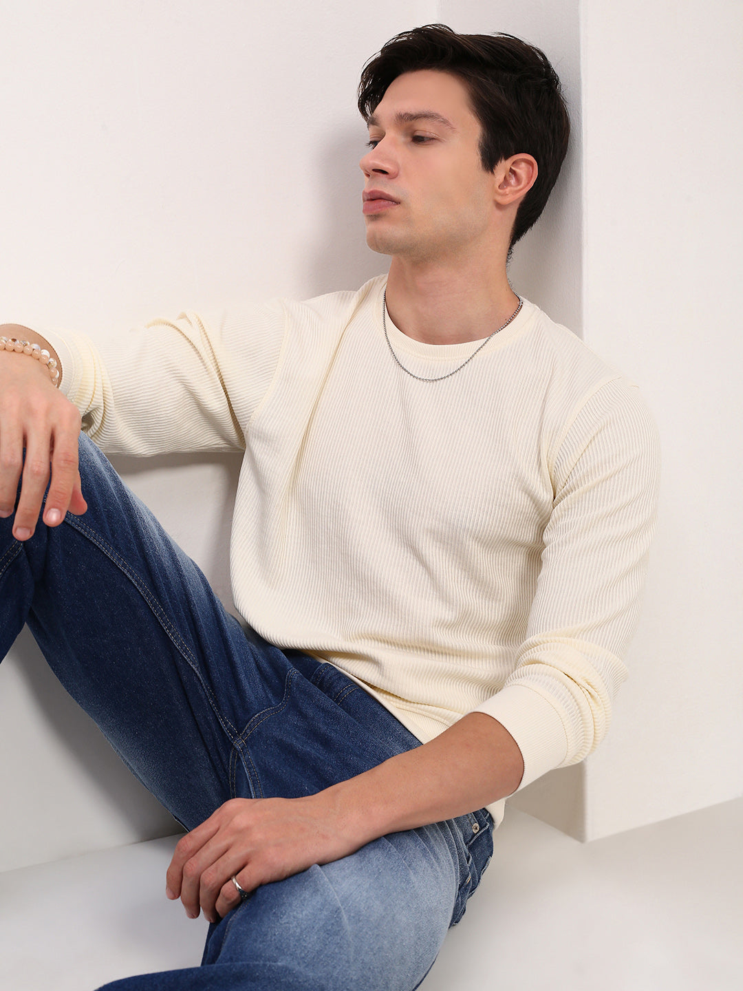 Men Cream Solid Sweatshirt