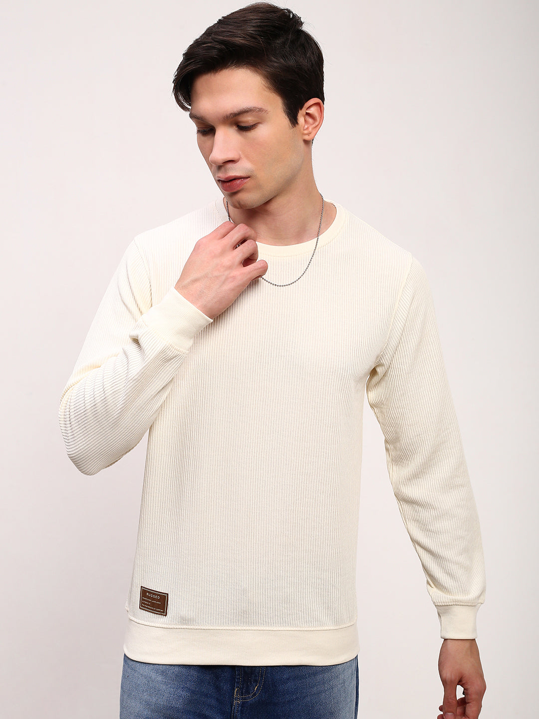 Men Cream Solid Sweatshirt