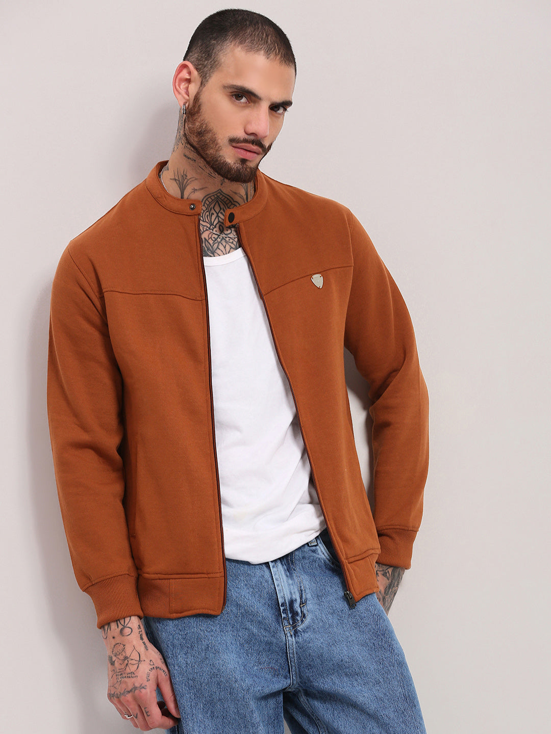 Men Camel Brown Solid Sweatshirt