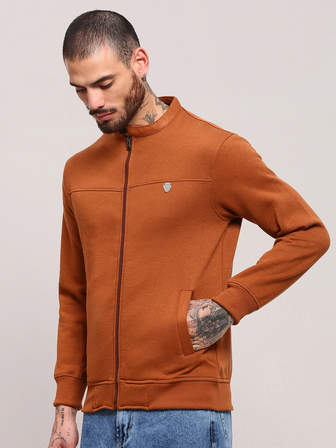 Men Camel Brown Solid Sweatshirt