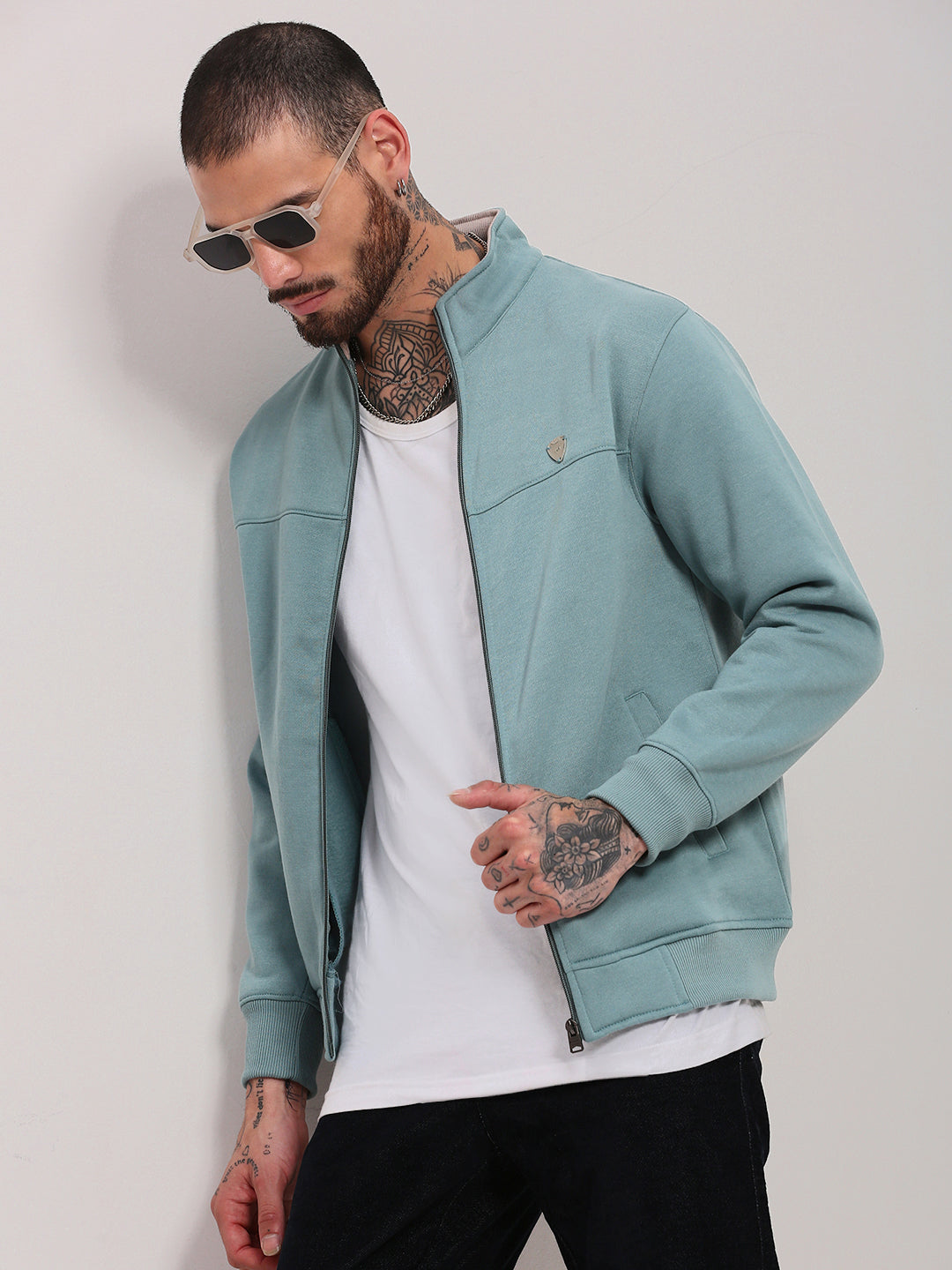 Men Sea Green Solid Sweatshirt