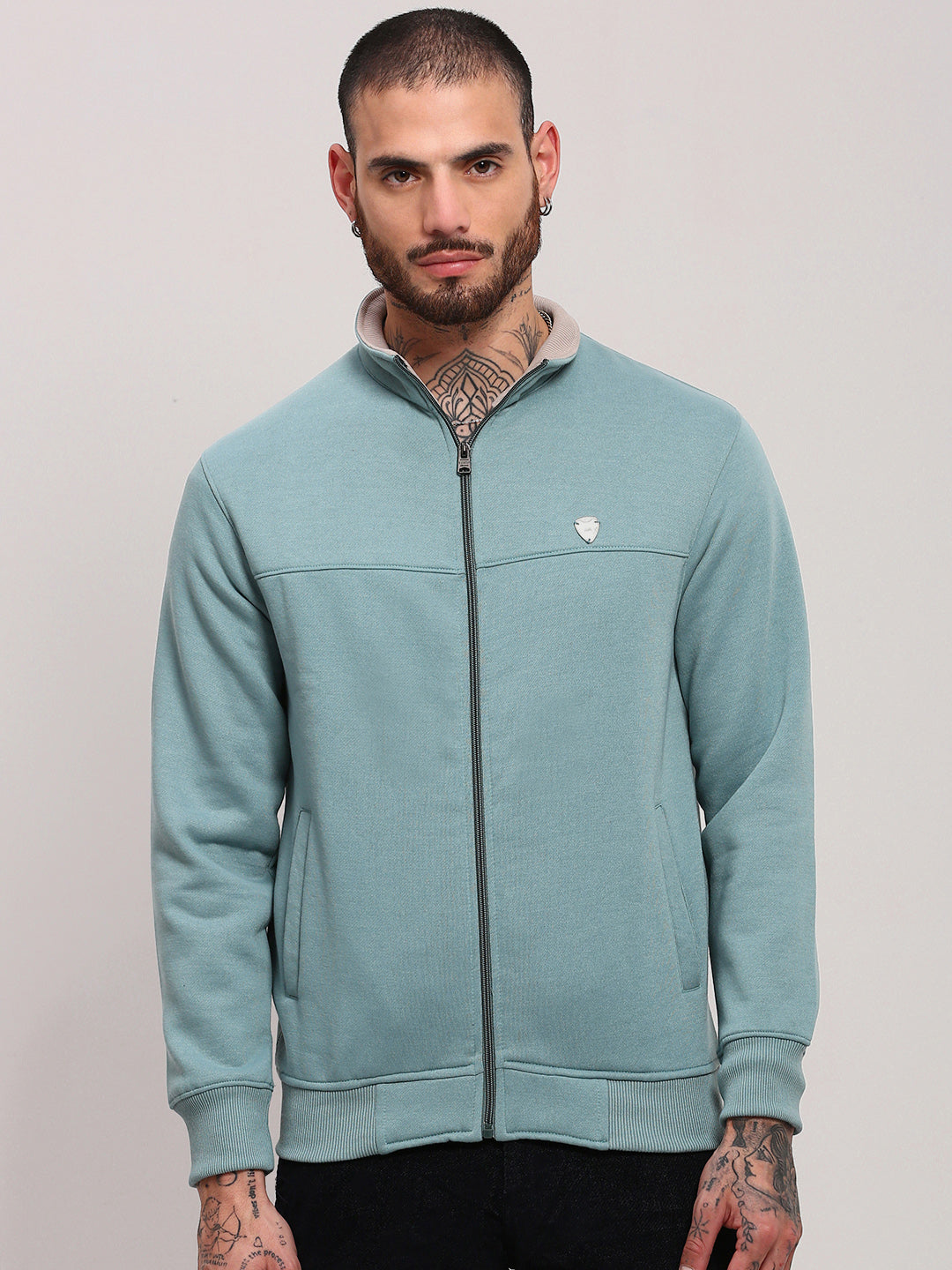 Men Sea Green Solid Sweatshirt