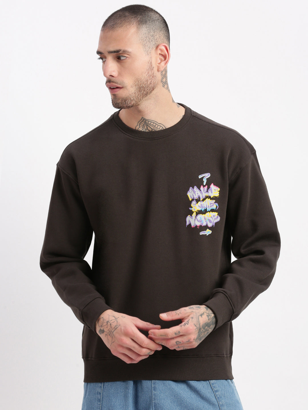 Men Charcoal Graphic Round Neck Pullover