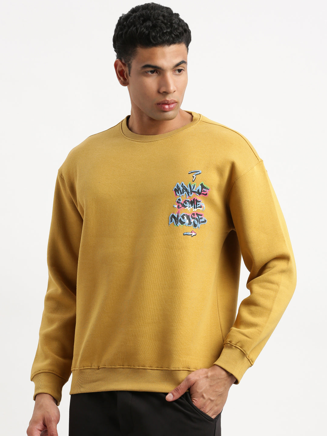 Men Mustard Graphic Round Neck Pullover