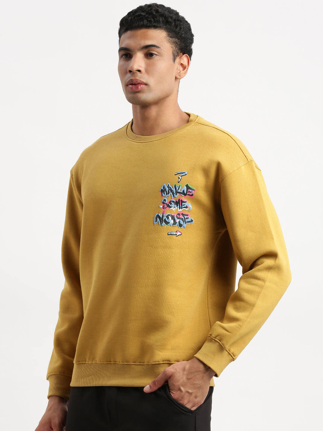 Men Mustard Graphic Round Neck Pullover