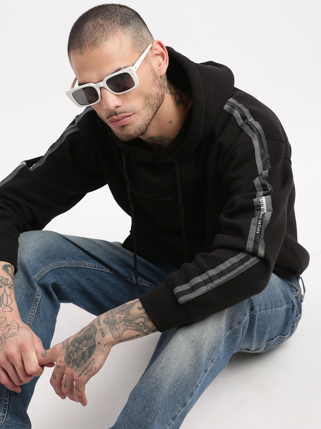 Men Black Solid Hooded Pullover