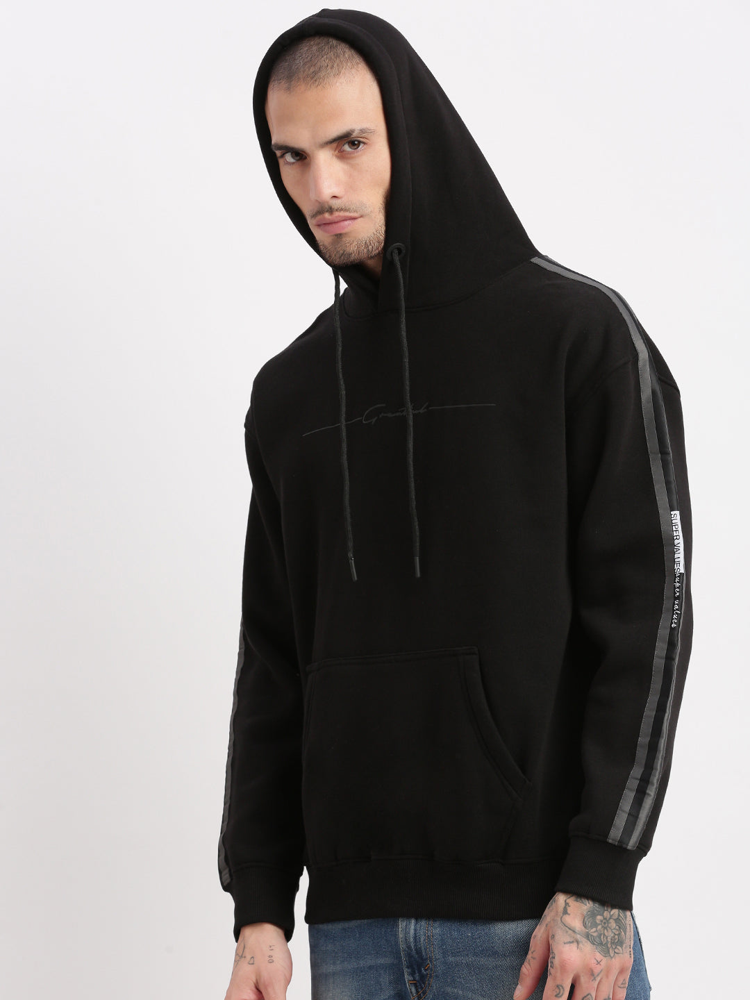 Men Black Solid Hooded Pullover