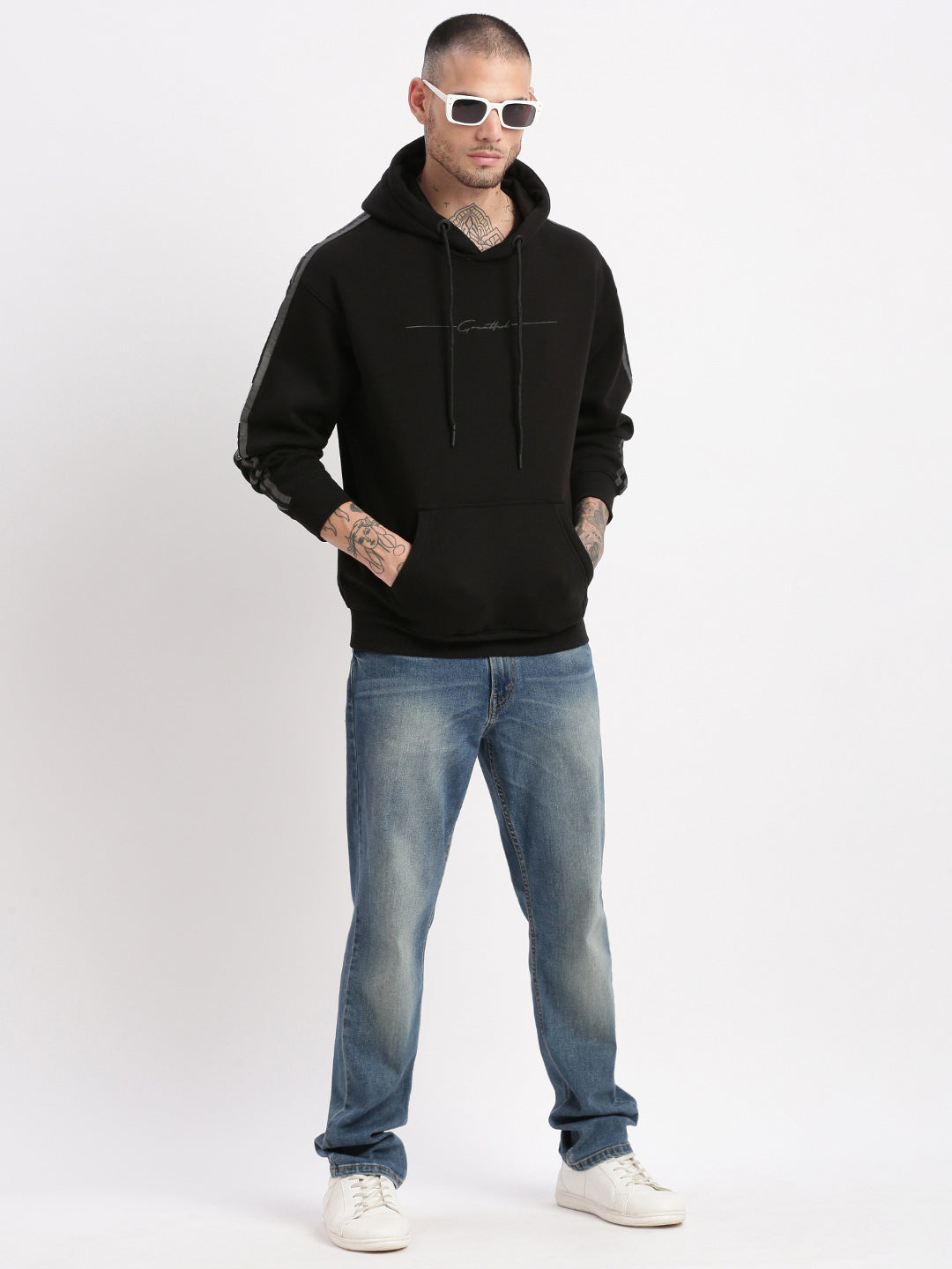 Men Black Solid Hooded Pullover