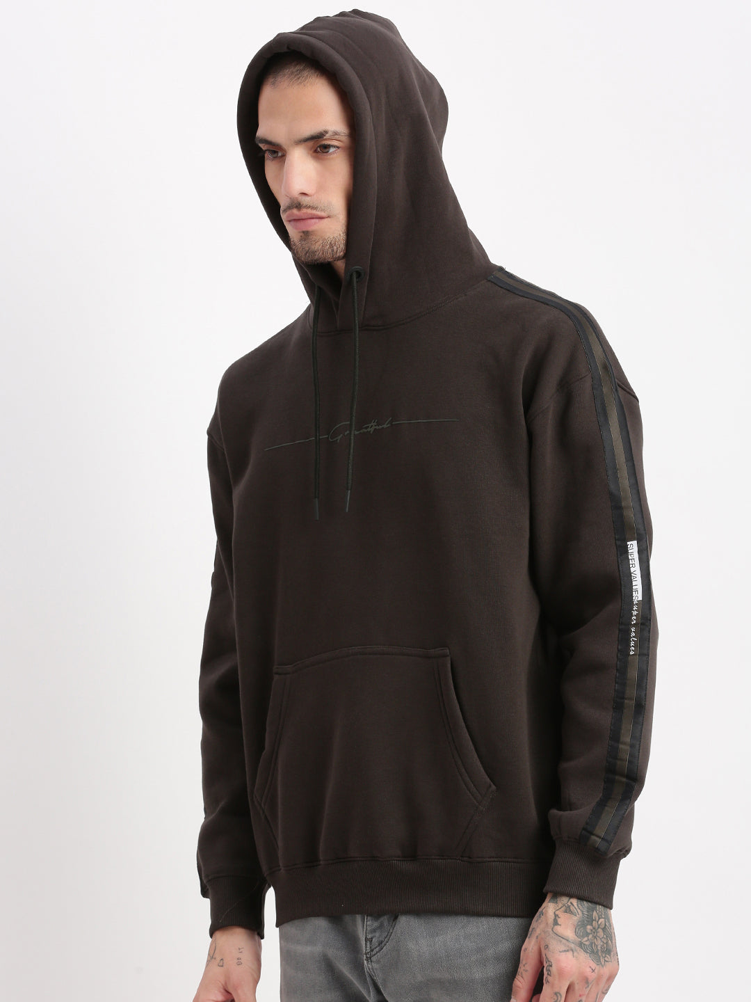 Men Charcoal Solid Hooded Pullover