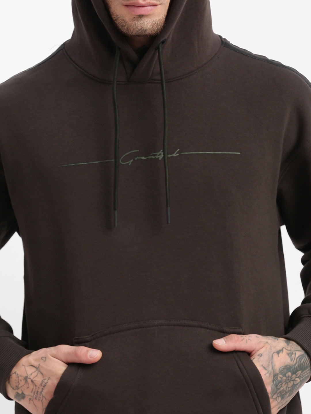 Men Charcoal Solid Hooded Pullover
