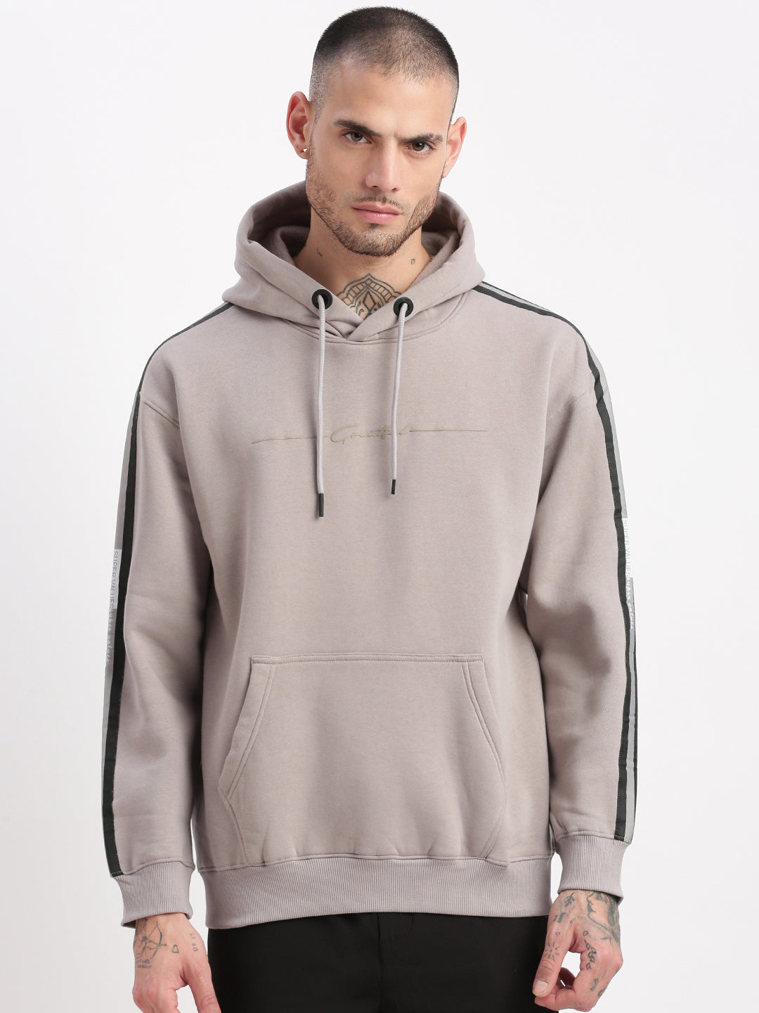 Men Grey Solid Hooded Pullover