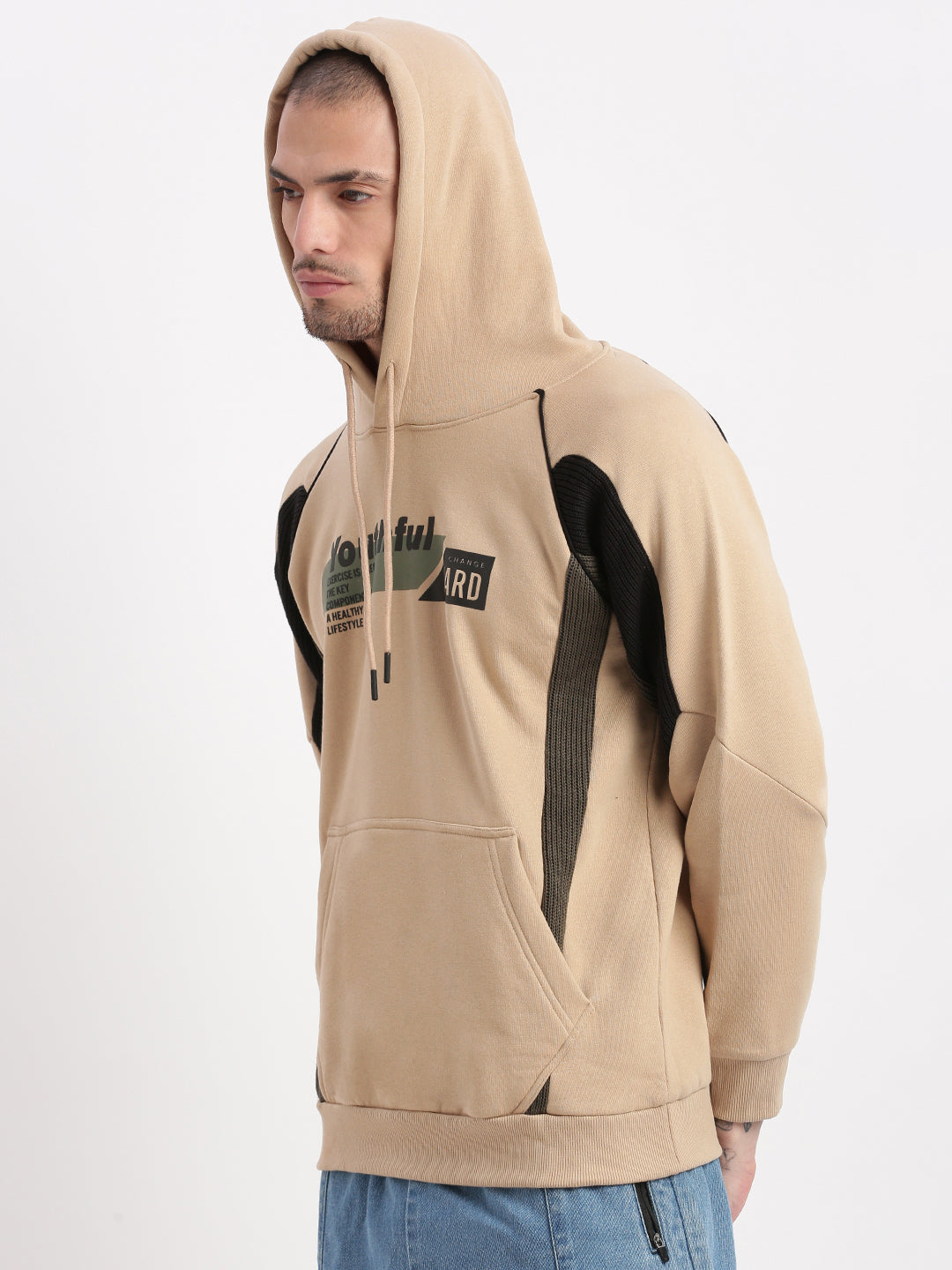 Men Beige Graphic Hooded Pullover