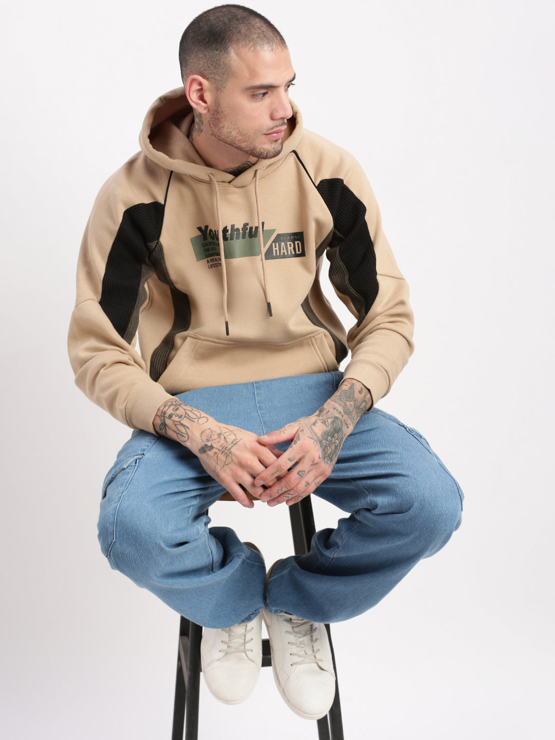 Men Beige Graphic Hooded Pullover