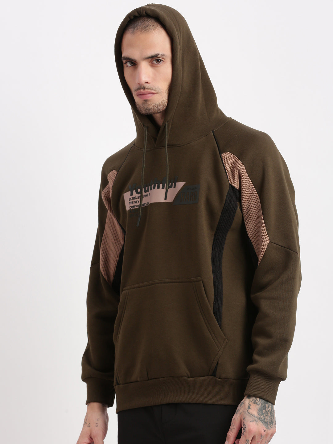 Men Olive Graphic Hooded Pullover