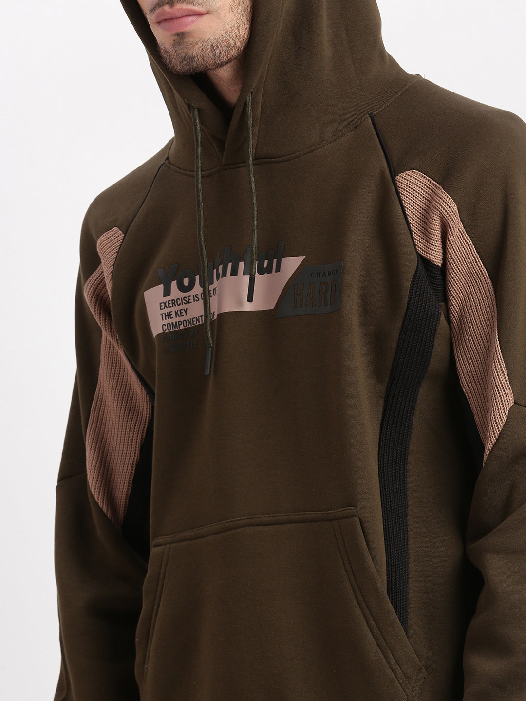 Men Olive Graphic Hooded Pullover