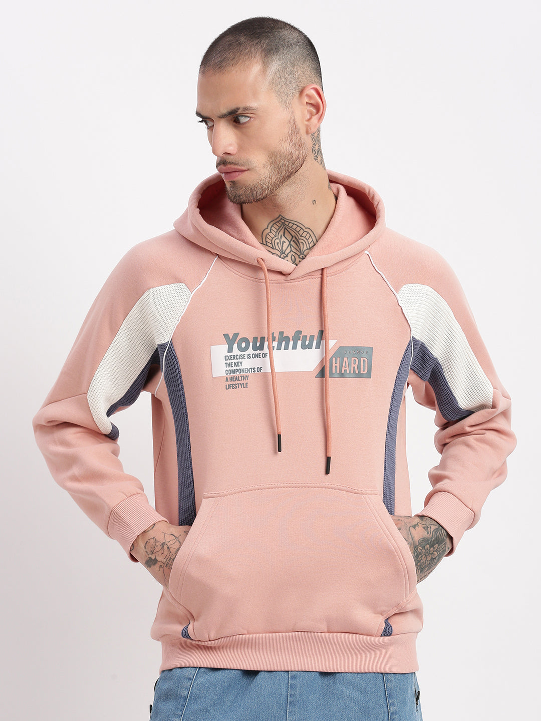 Men Peach Graphic Hooded Pullover