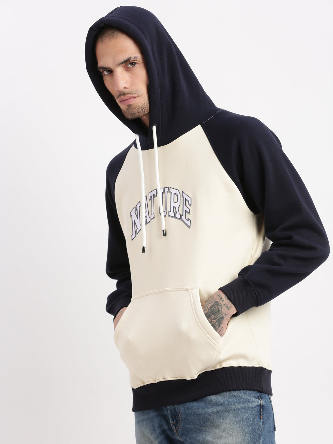 Men Cream Colourblocked Hooded Pullover