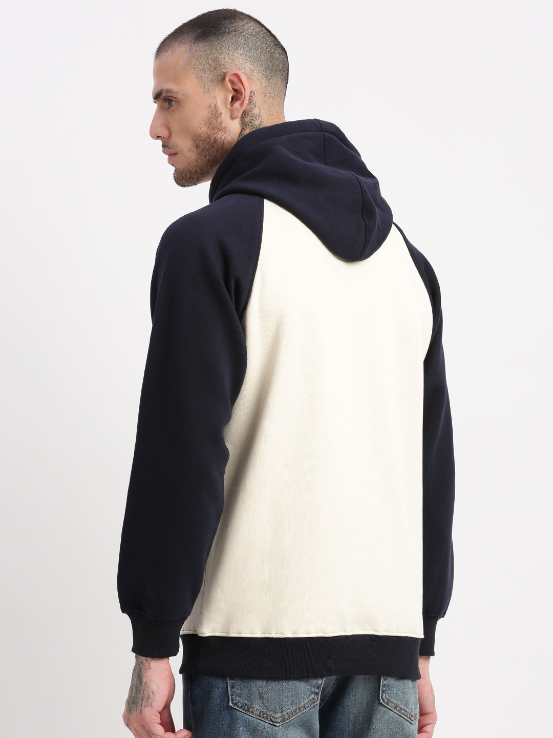 Men Cream Colourblocked Hooded Pullover