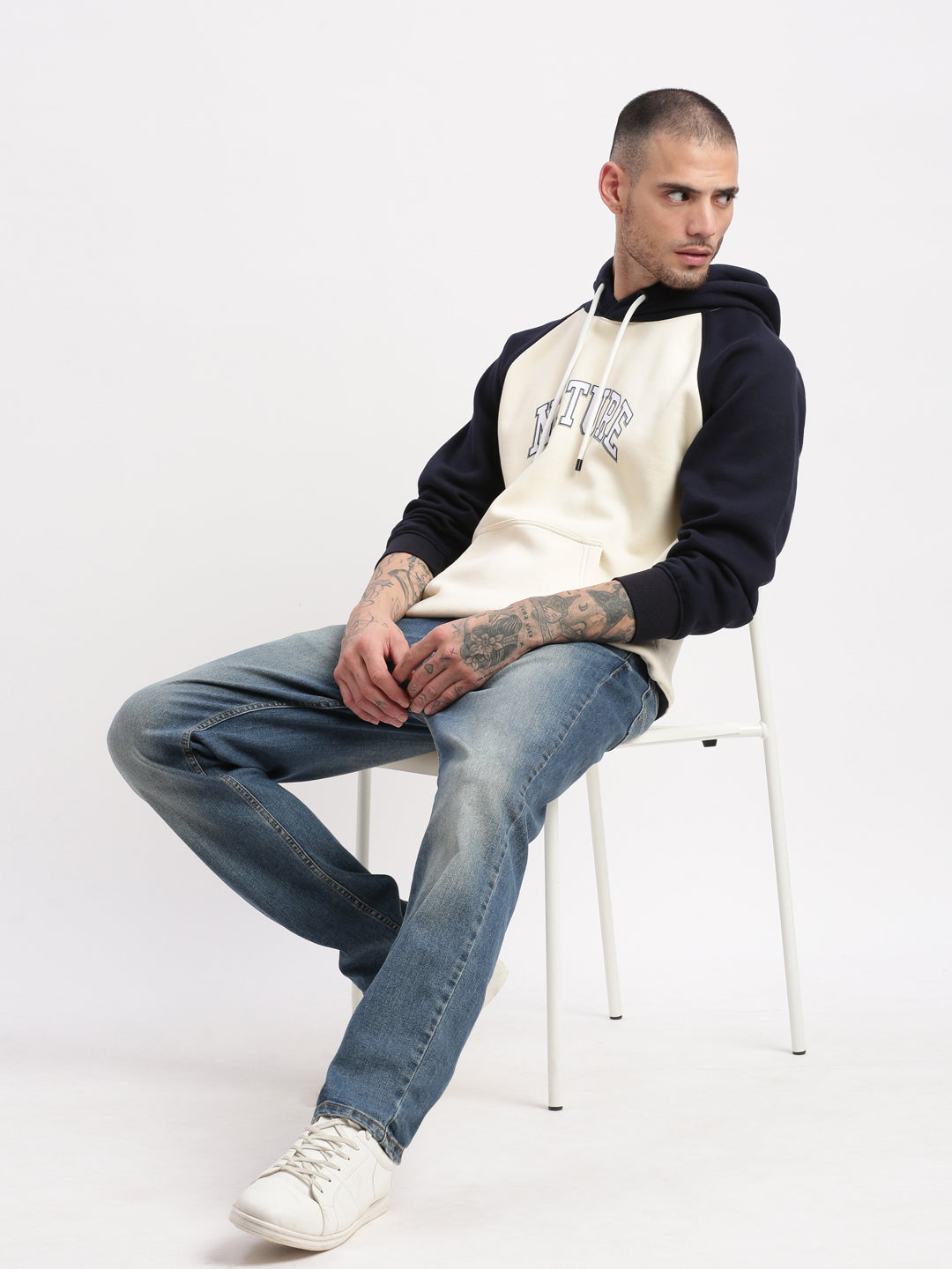 Men Cream Colourblocked Hooded Pullover