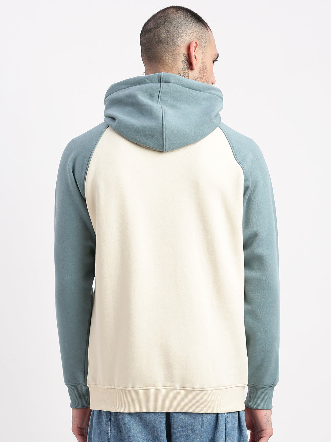 Men Cream Colourblocked Hooded Pullover