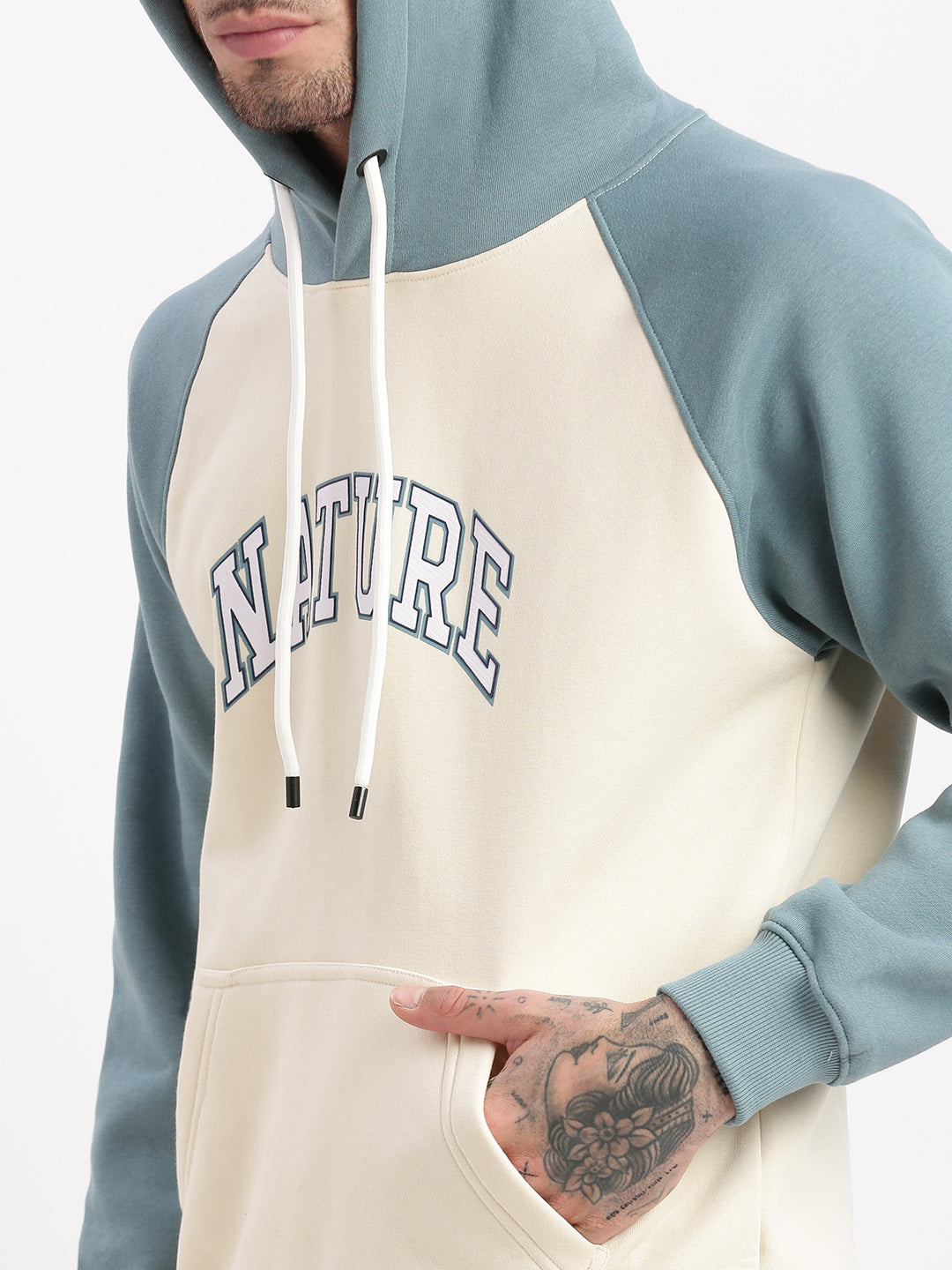 Men Cream Colourblocked Hooded Pullover