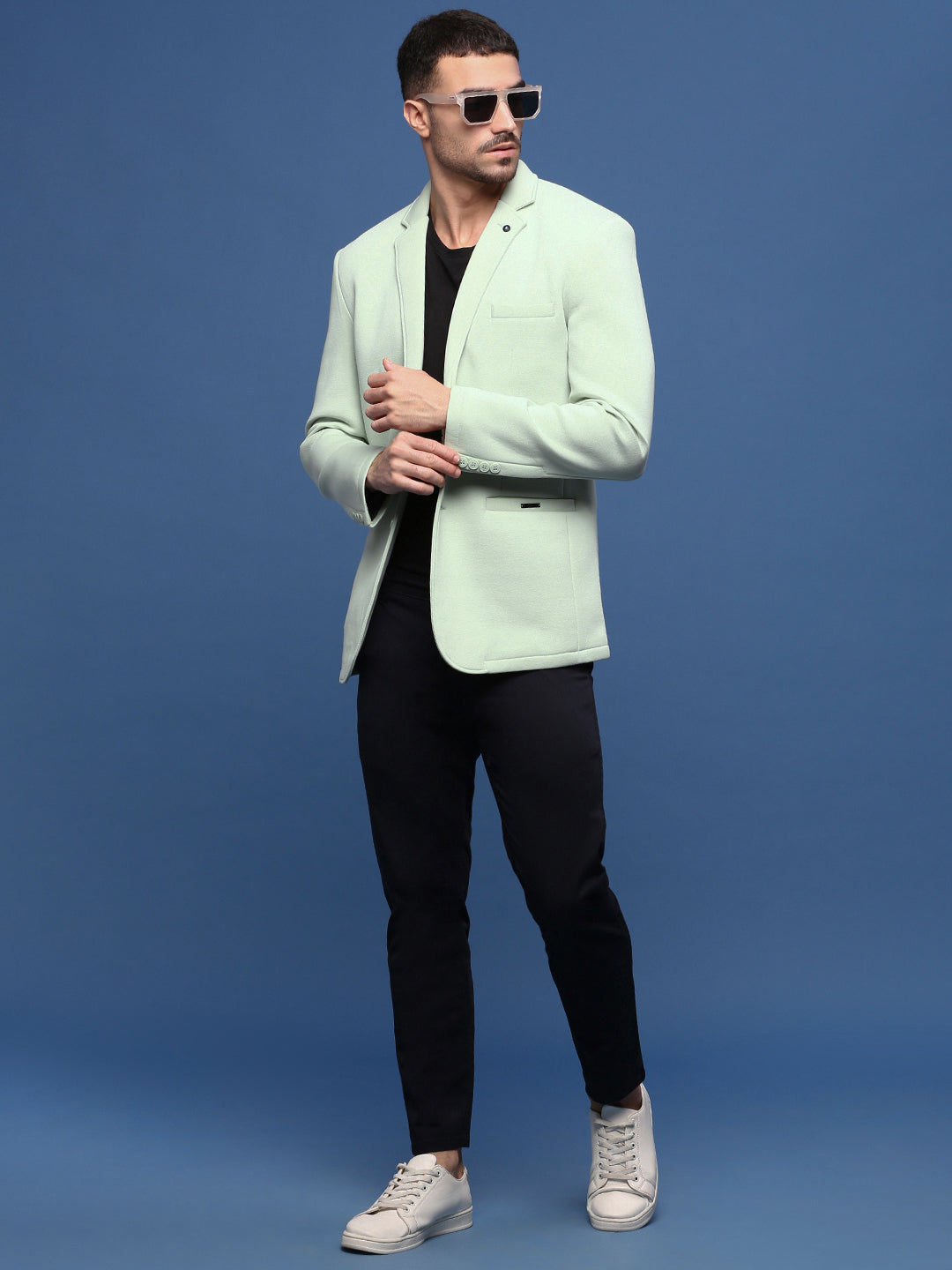 Men Sea Green Slim Fit Single Breasted Blazer