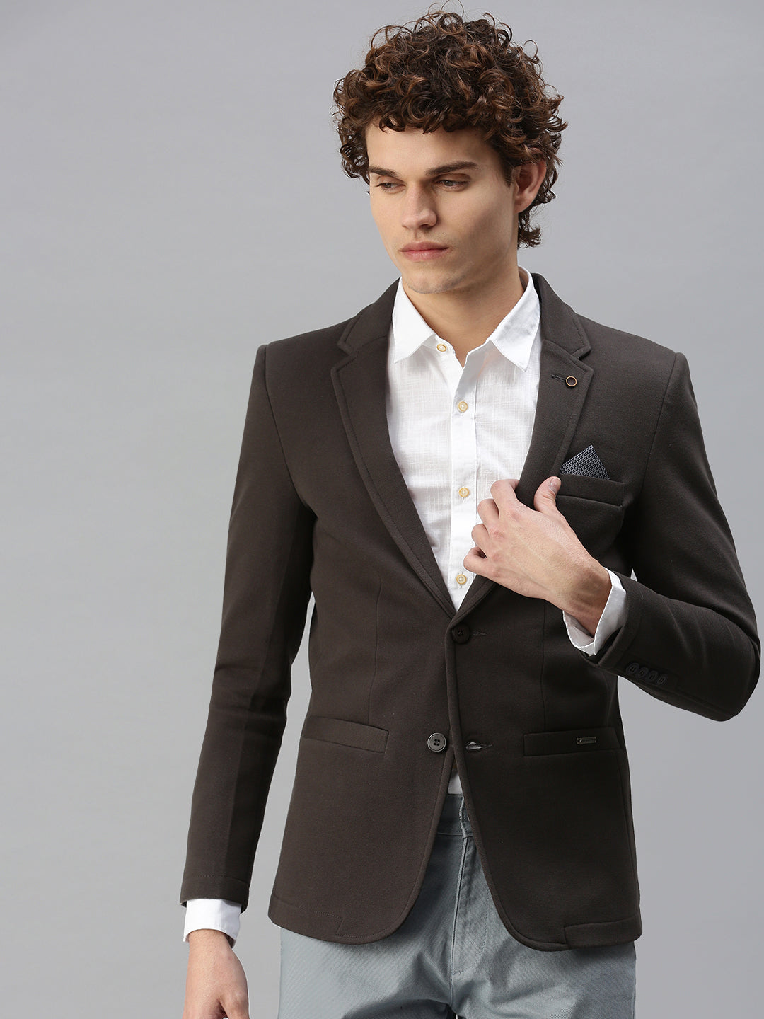 Men's Solid Grey Single Breasted Blazer