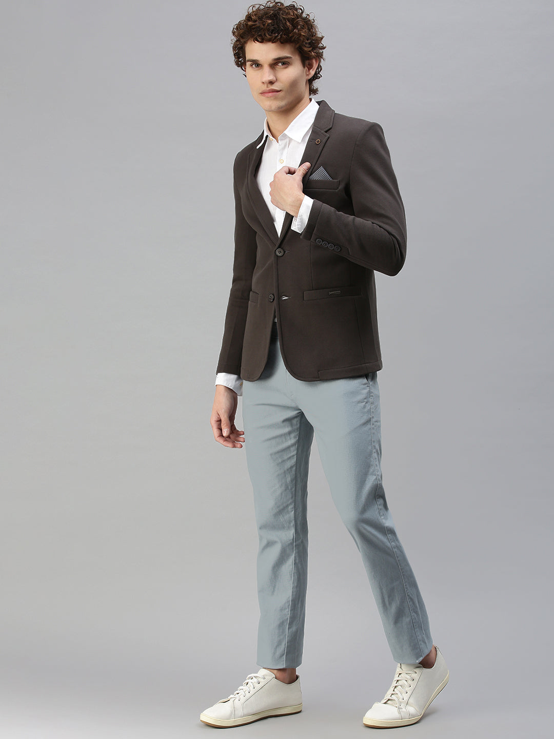 Men's Solid Grey Single Breasted Blazer