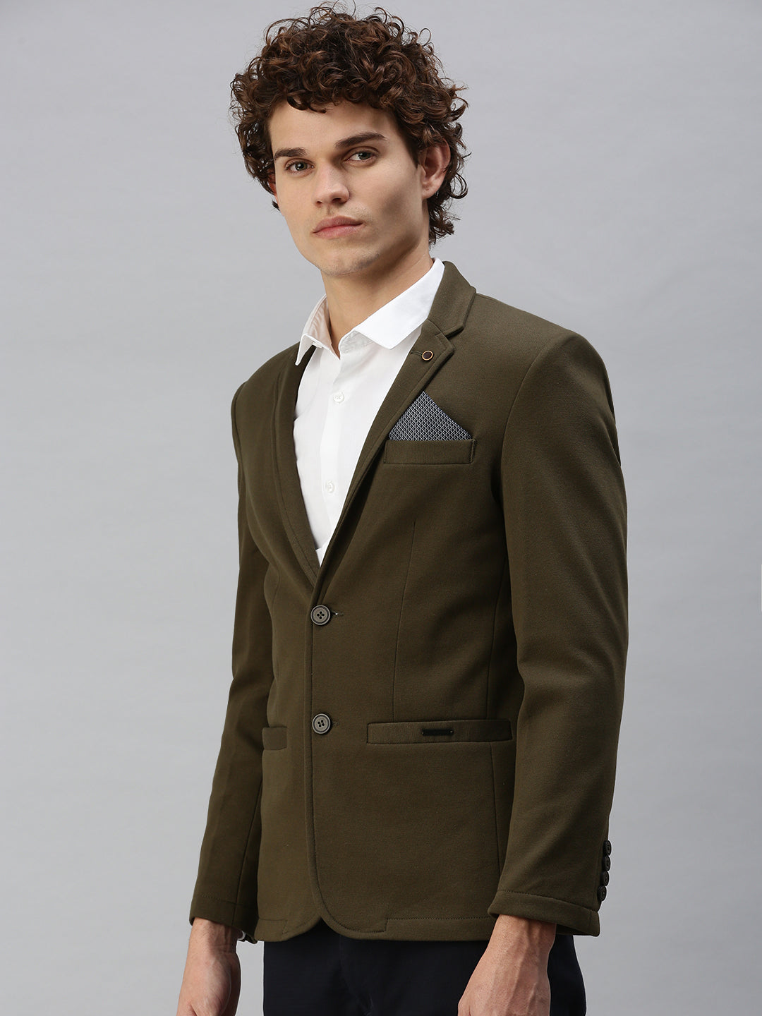 Men's Solid Olive Single Breasted Blazer