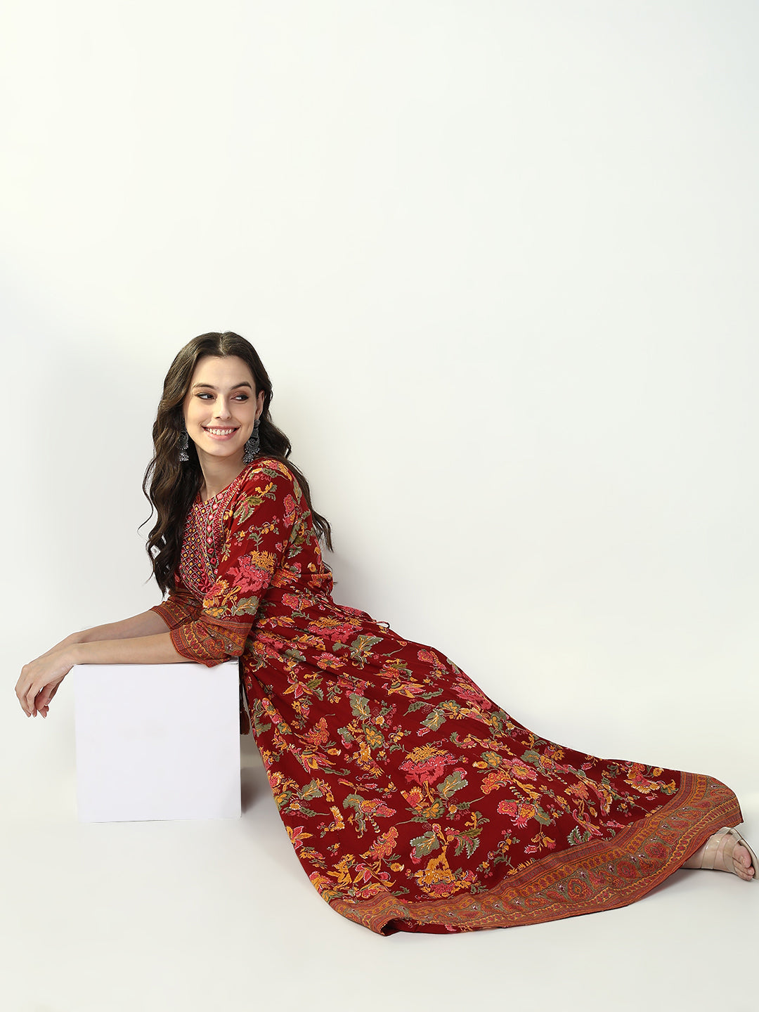 Women Red Floral Anarkali Kurta