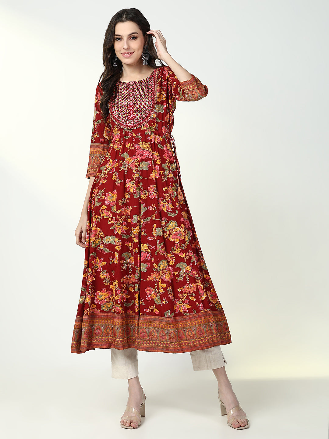 Women Red Floral Anarkali Kurta