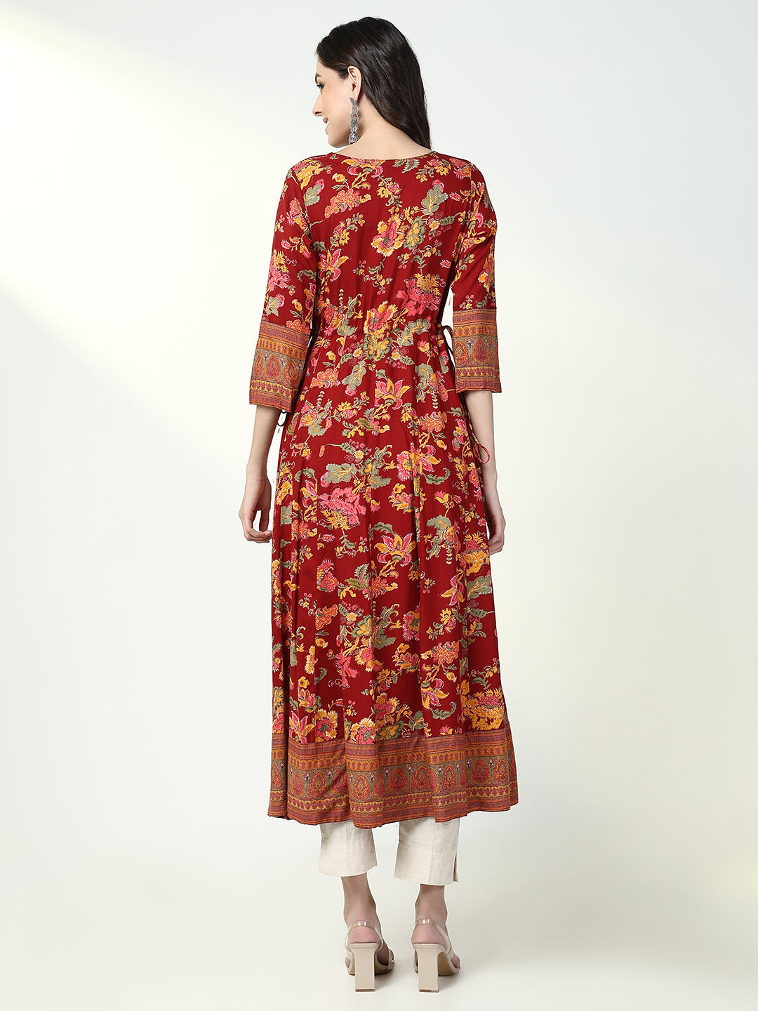 Women Red Floral Anarkali Kurta