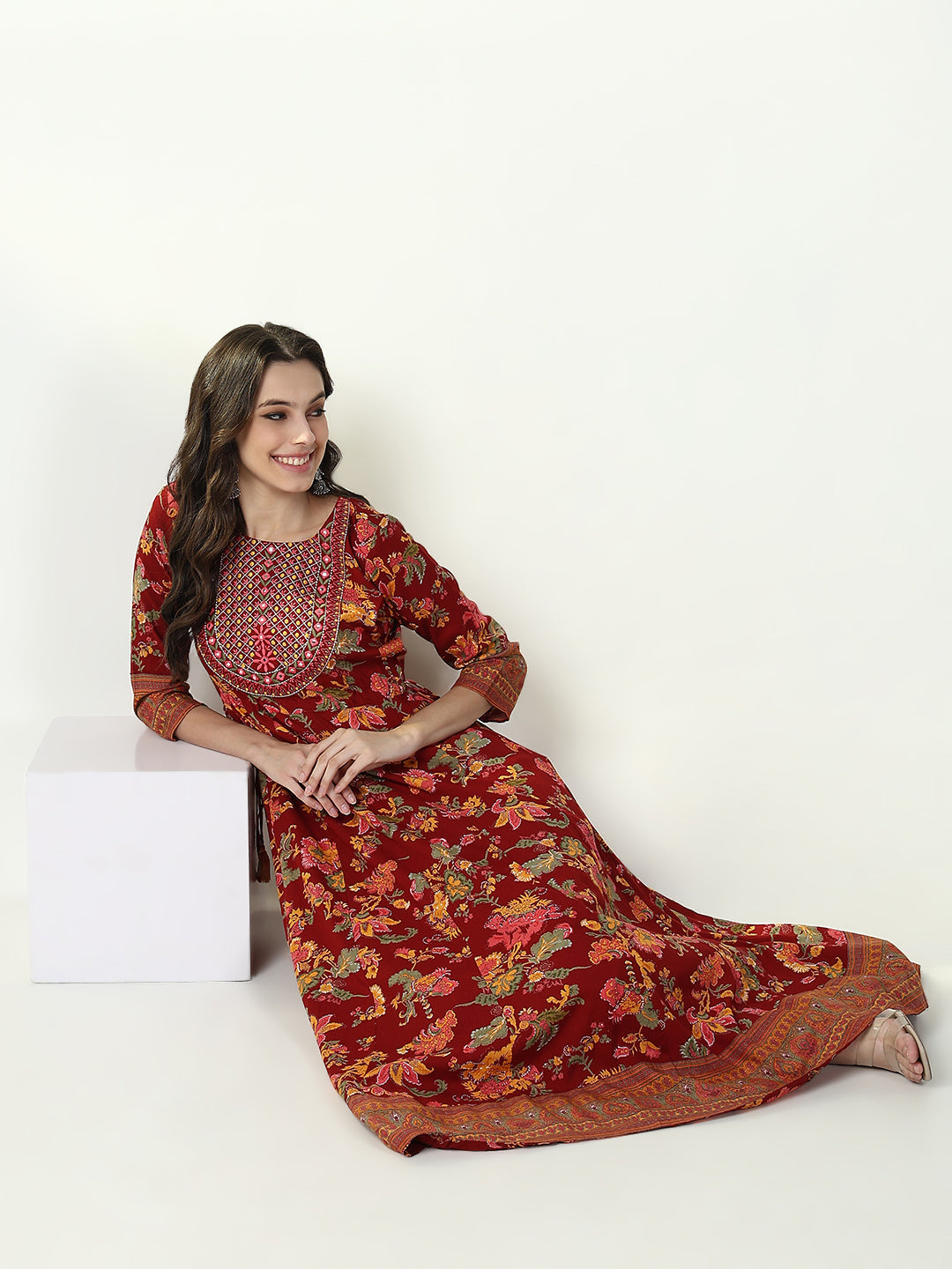 Women Red Floral Anarkali Kurta