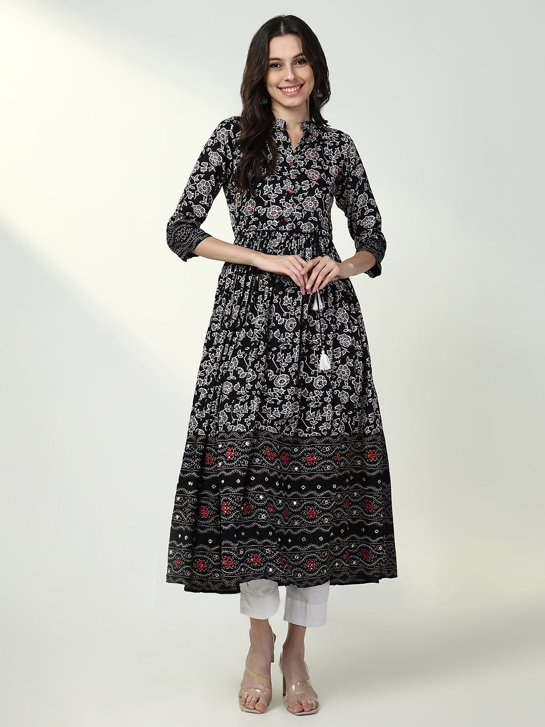 Women Black Floral Anarkali Kurta