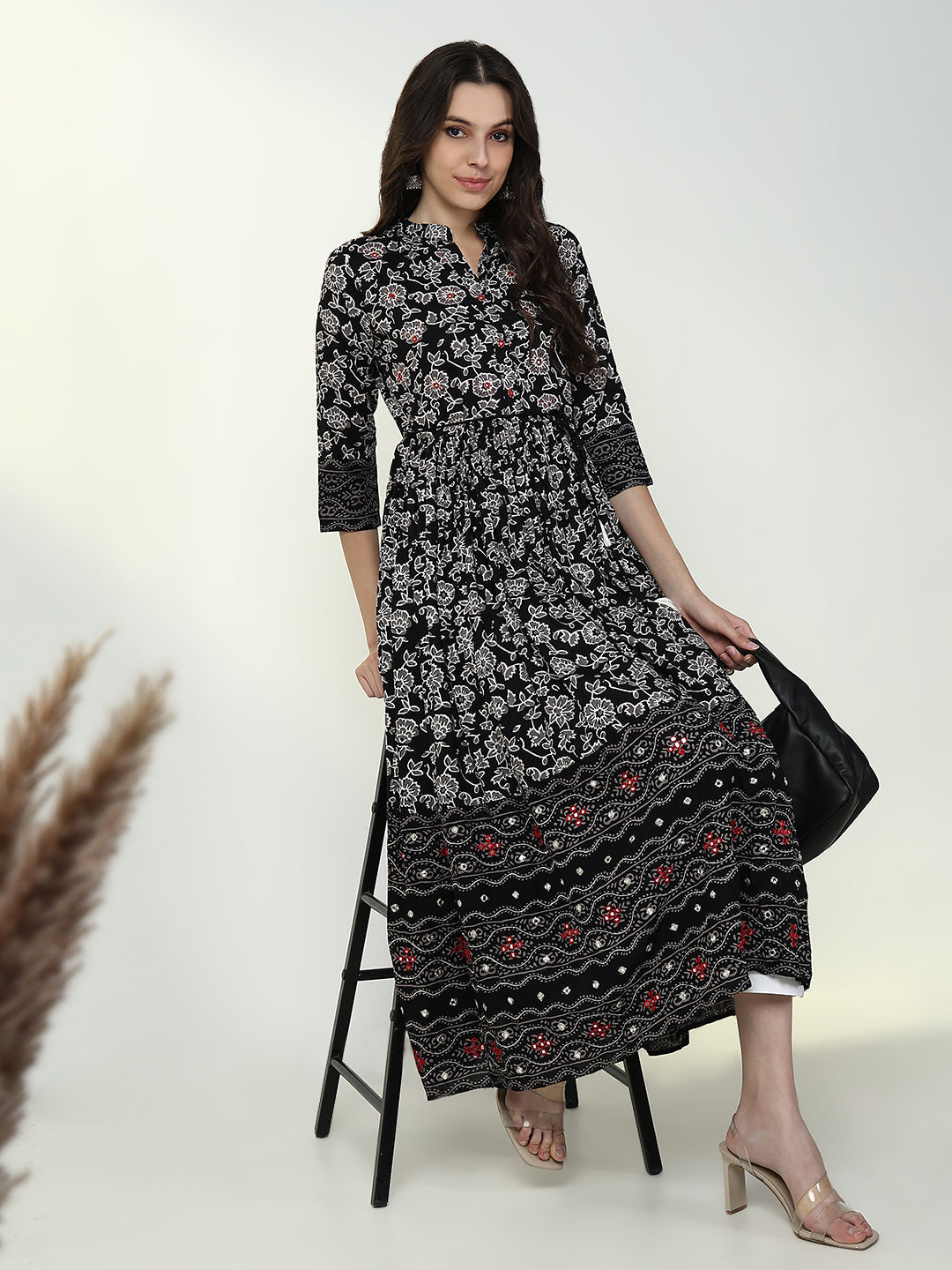 Women Black Floral Anarkali Kurta