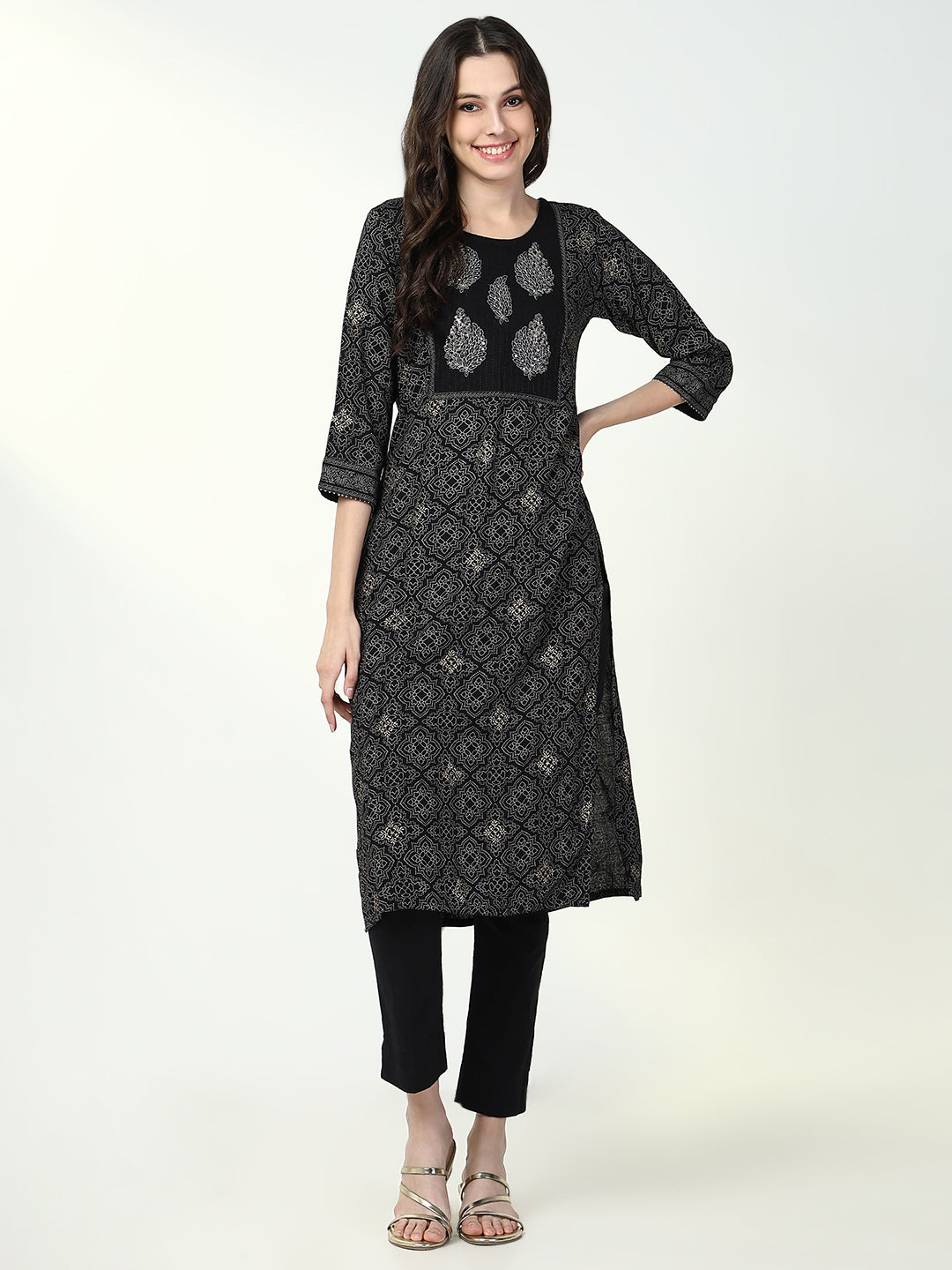 Women Black Graphic Straight Kurta