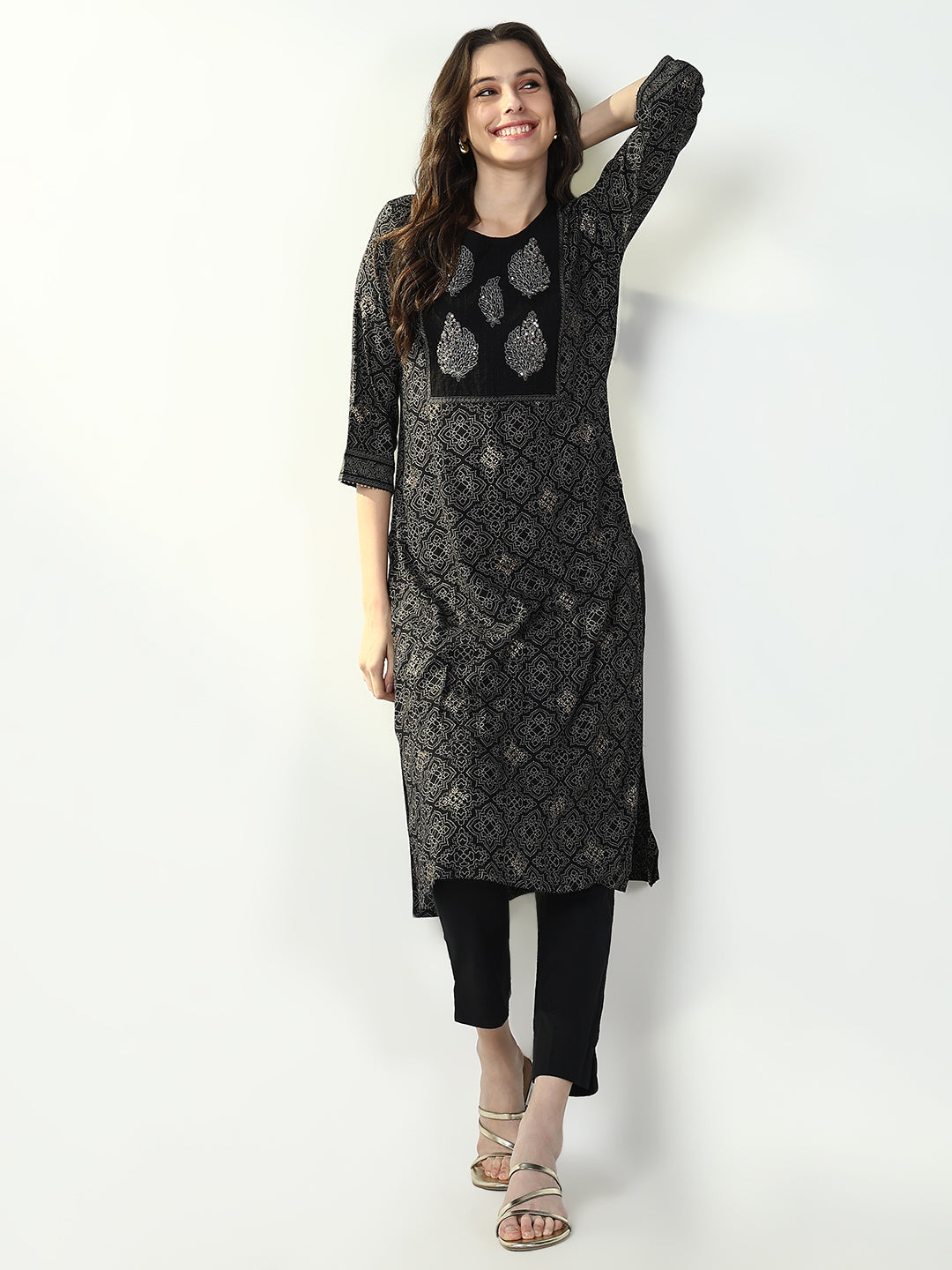 Women Black Graphic Straight Kurta