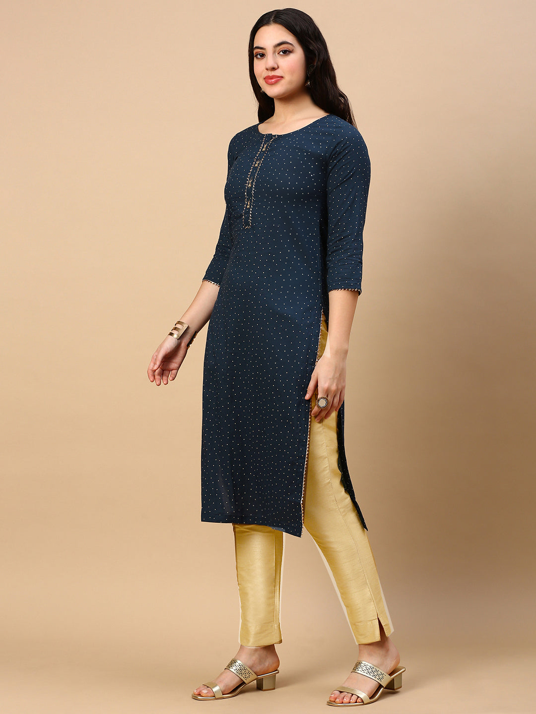 Women Teal Polka Dots Straight Kurta