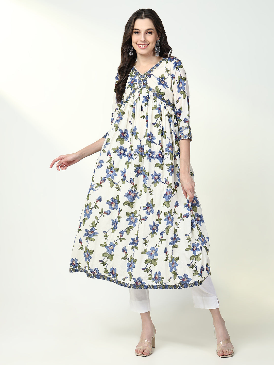 Women White Floral Anarkali Kurta