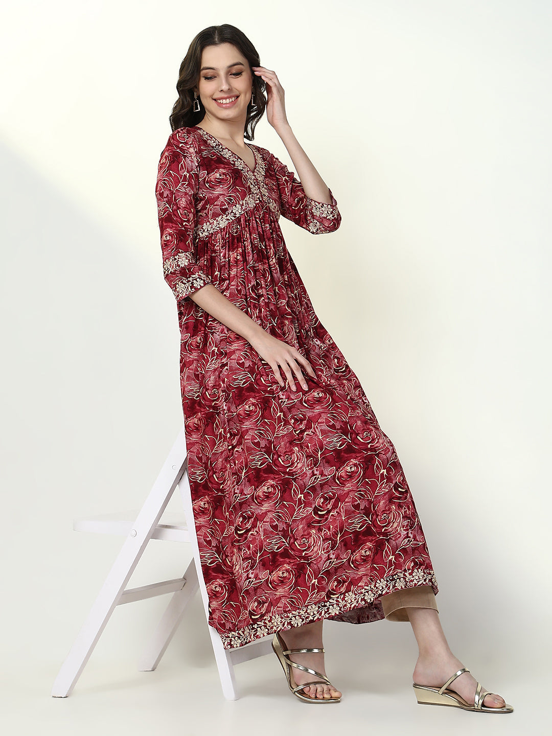 Women Red Floral Anarkali Kurta