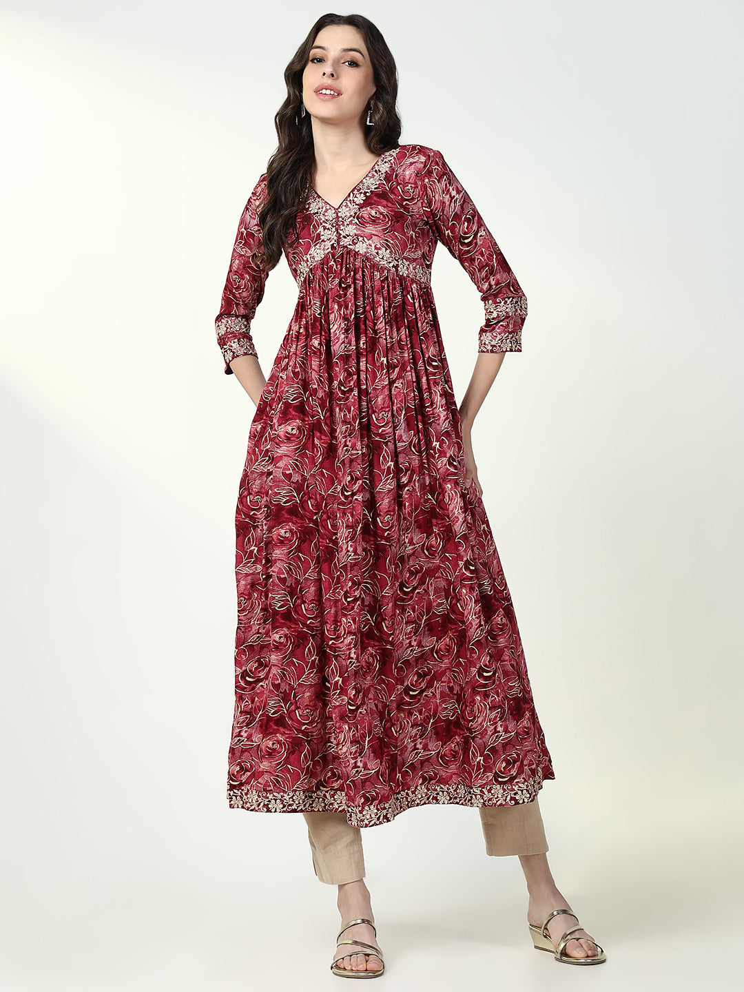 Women Red Floral Anarkali Kurta