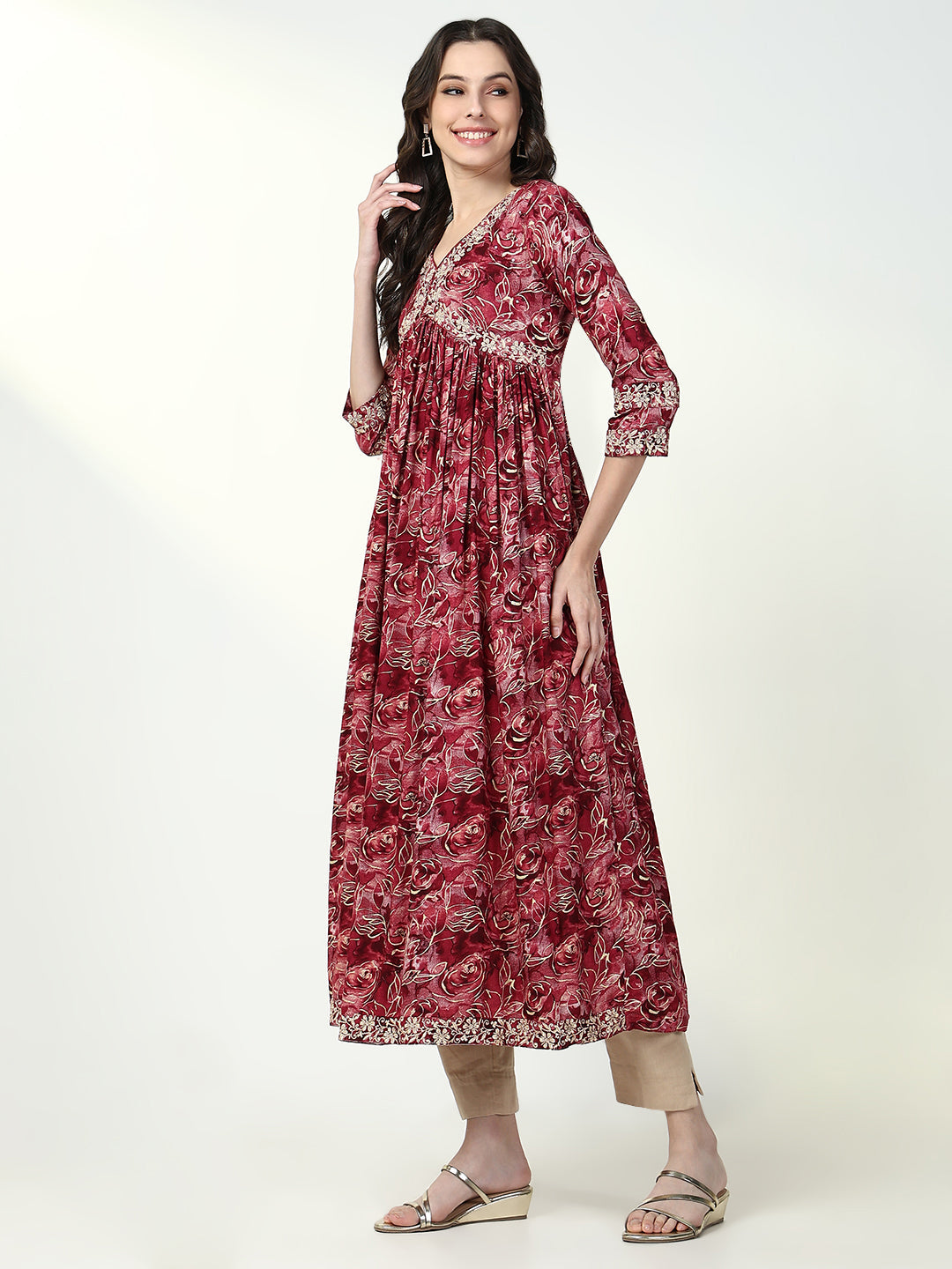 Women Red Floral Anarkali Kurta