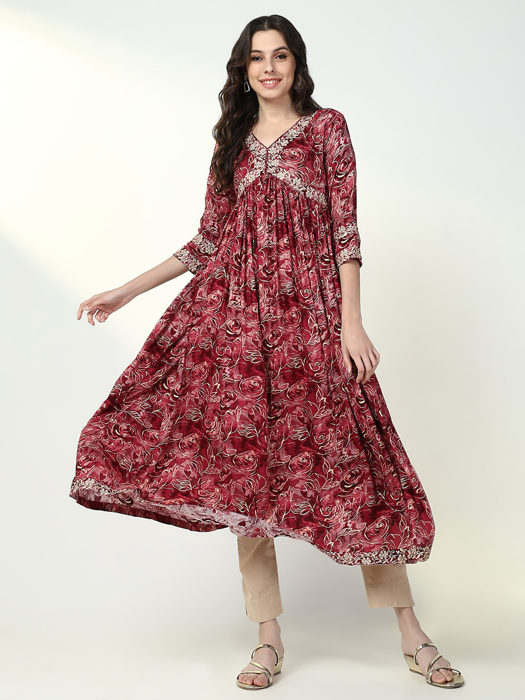 Women Red Floral Anarkali Kurta