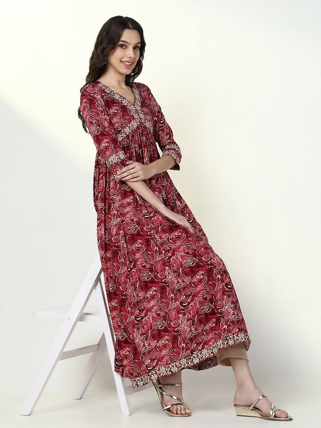 Women Red Floral Anarkali Kurta