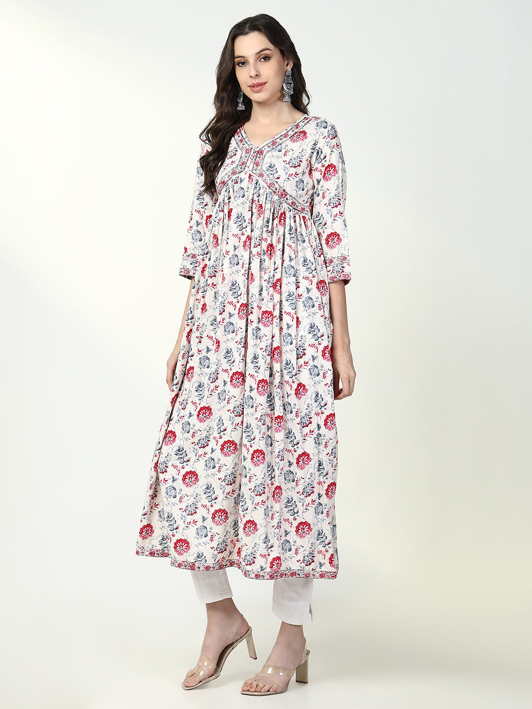 Women White Floral Anarkali Kurta